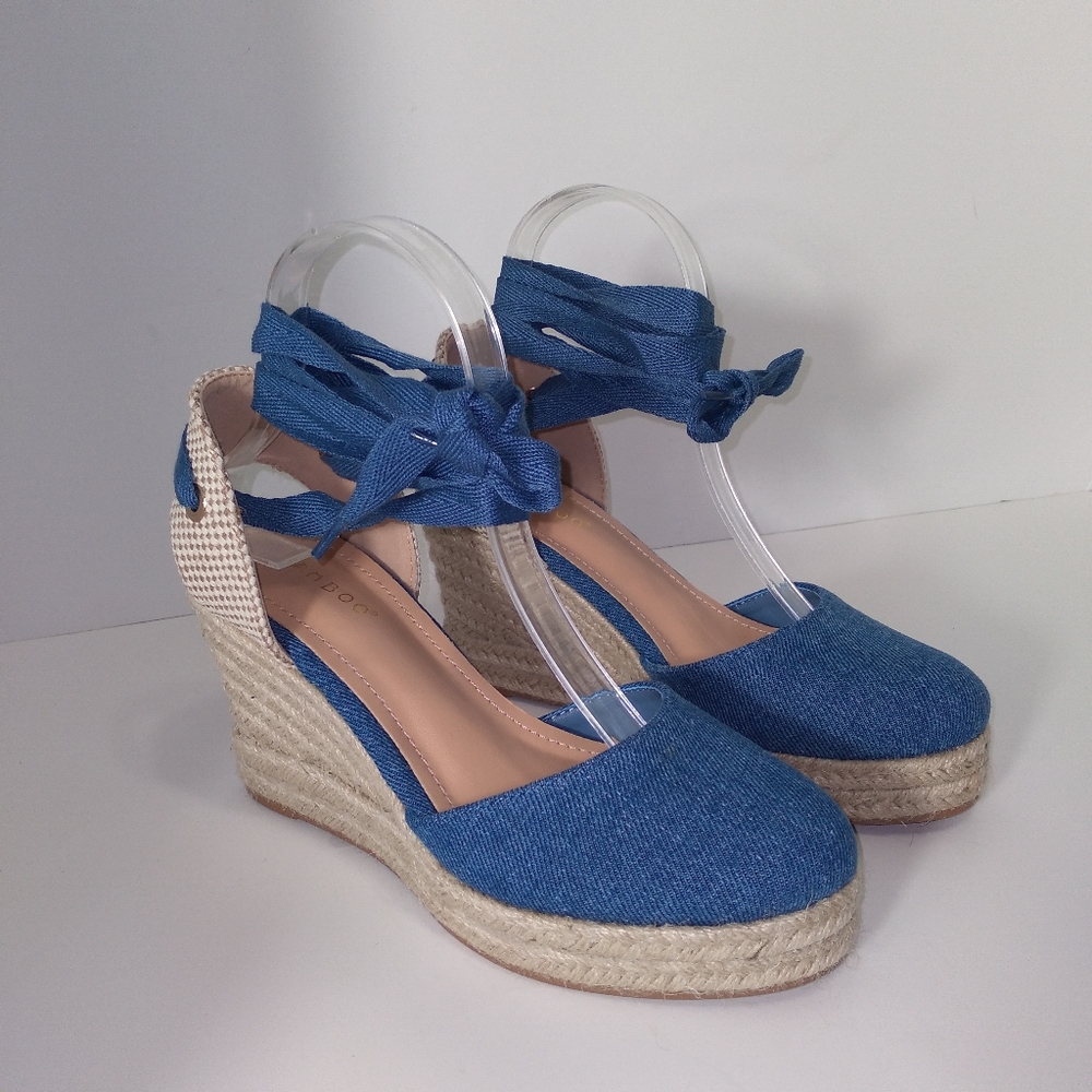 BAMBOO Denim Blue Ankle Tie Up Espadrille Wedges Host Pick - Picture 2 of 7